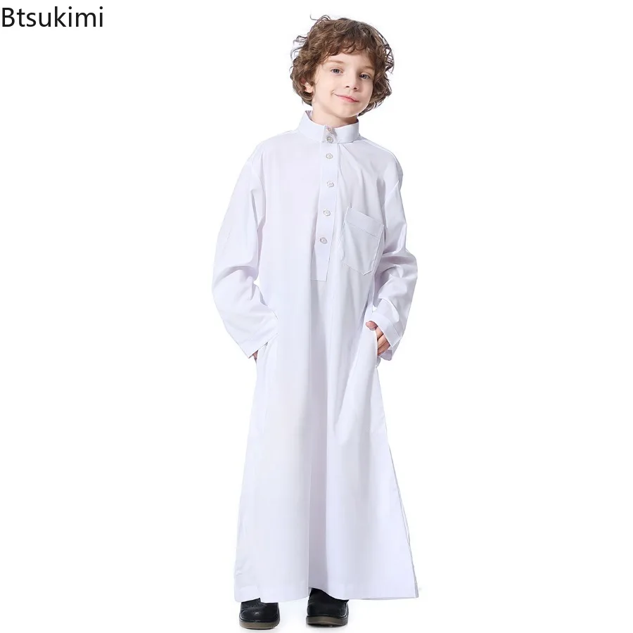 Boys Islamic Clothing Kids Muslim Jubba Thobe Solid Long Sleeve Stand Collar Kaftan Robes Arab Dubai Children Casual Abaya Dress