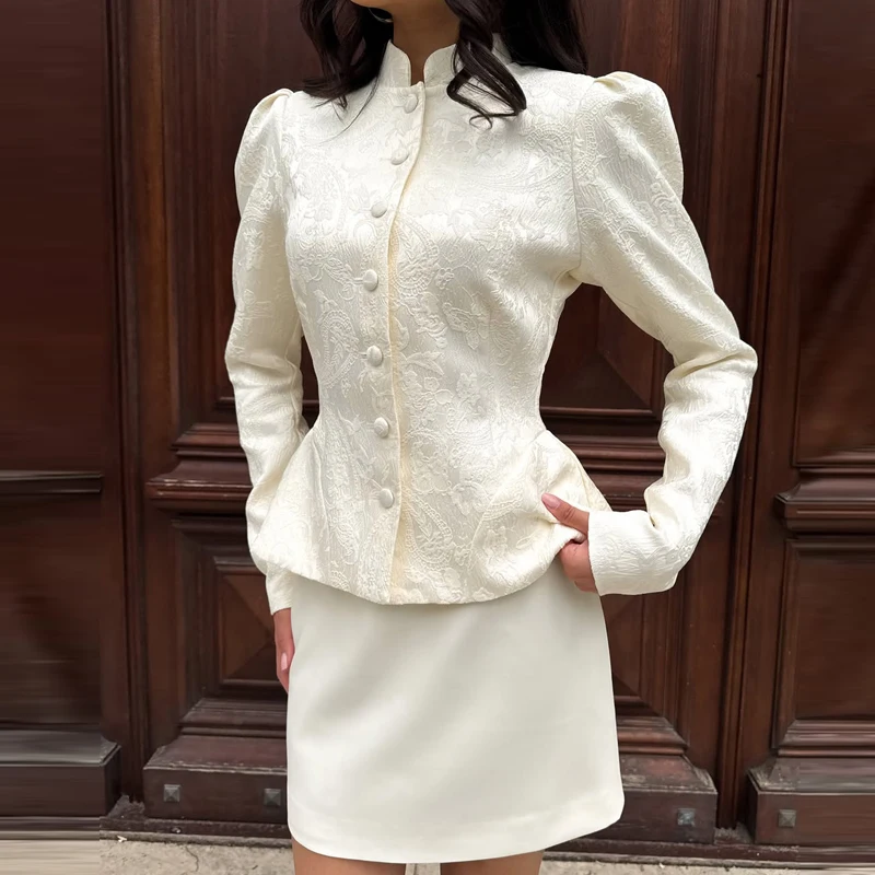 Office Temperament Jacquard Women Coat Single Breasted Design Multi Color Outwear Elegant Stand Collar Long Sleeved Slim Jacket