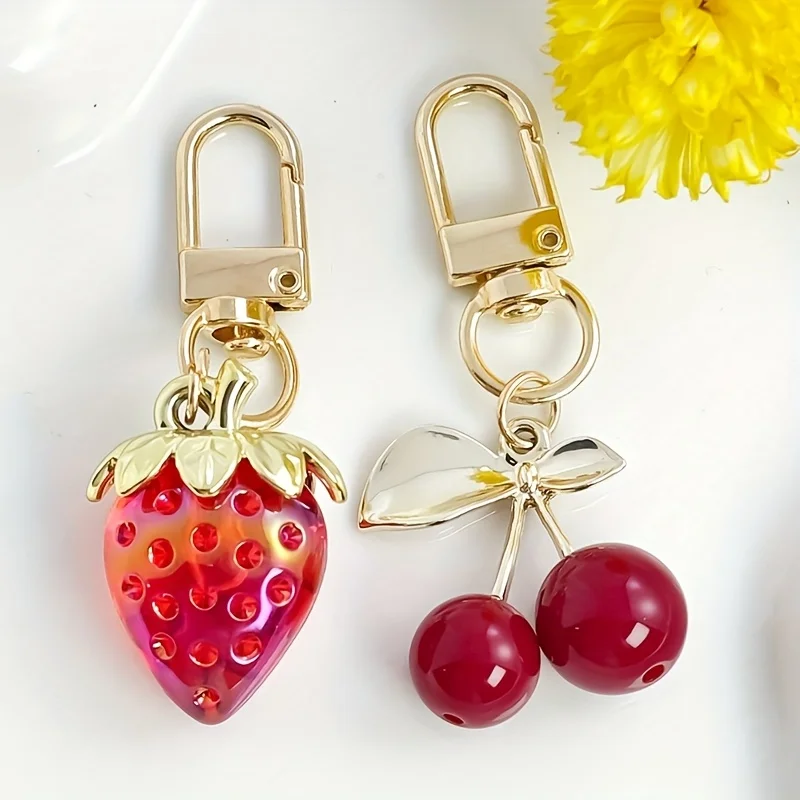 2pcs Transparent Fruit Keychain Strawberry Cherry Bag Charms Metal Clip Pendant Decor Gift for Women Girls Backpack Handbag