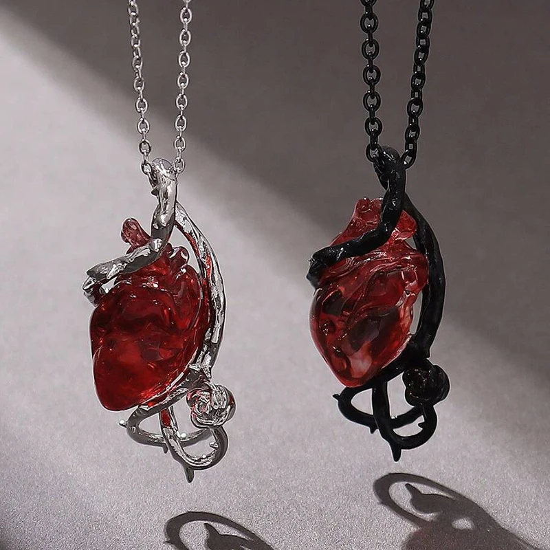 Dark Red Crystal Flower Thorns Pendant Necklace for Women Unisex Gothic Punk Love Heart Skeleton Skull Choker Halloween Jewelry
