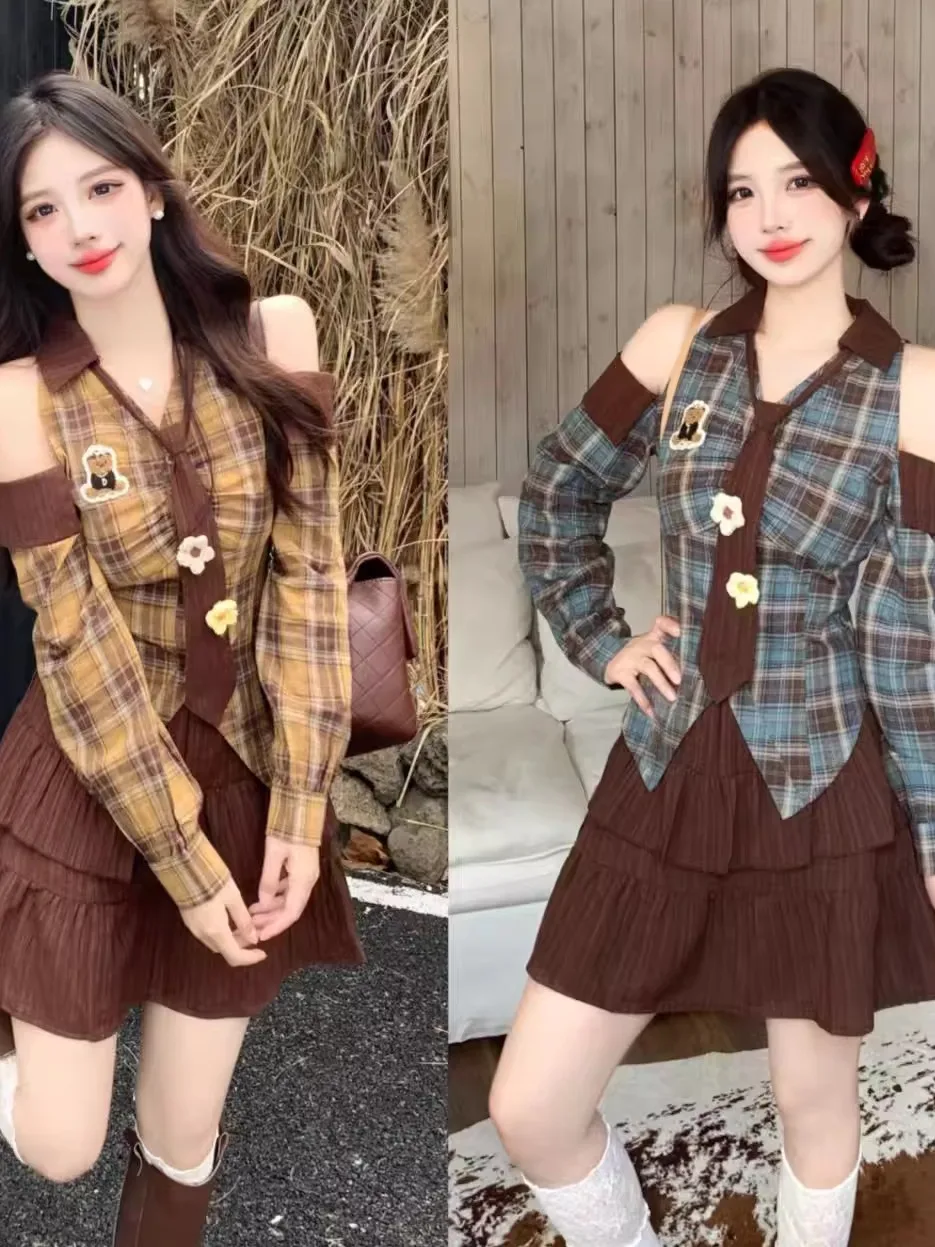 

plus Size Casual Korean Style Two-Piece Set Women's High Waist A-Line Skirt Long Sleeve Shoulder Bared Plaid Top