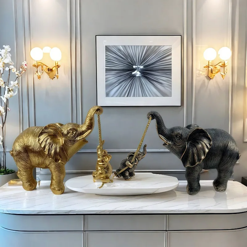 Lucky Elephant Family Swing Resin Statue Nordic Luxury Home Decor Living Room Entry Table Ornament Good Fortune Housewarming Gif