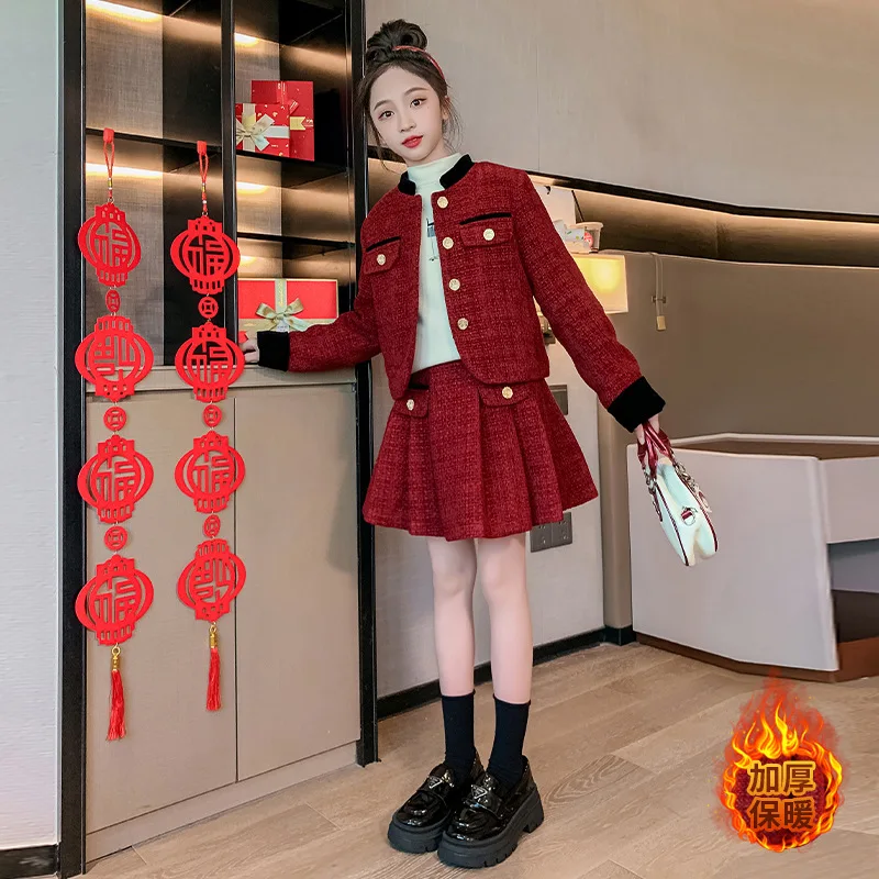 

winter Designer Christmas girls clothes set fleecing Padded jacket+pleated skirt 2pcs kids suit child outfits ensembles de jupes