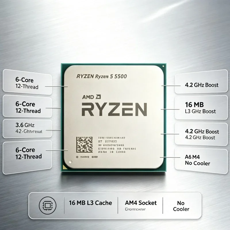 AMD R5 5500 Desktop Processor Socket AM4 6‑Core 12‑Thread 4.2GHz Turbo 7nm 16MB Cache Without Cooler