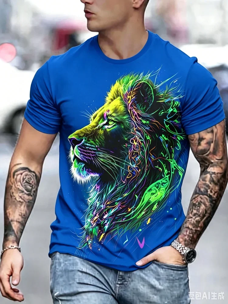 Fashion Men Neon Green Lion Head Graphic Tee Abstract Fantasy Streetwear Casual Short Sleeve Tops Cool Wild Animal Print for Men