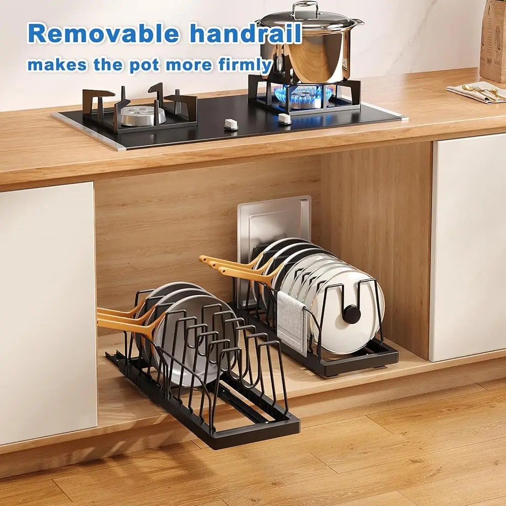 Pots And Pans Organizer Under Cabinet, 21.6"" Deep Pull Out Pot Lid Organizer Holder With Guardrail Adhesive Pot And Pan Holder