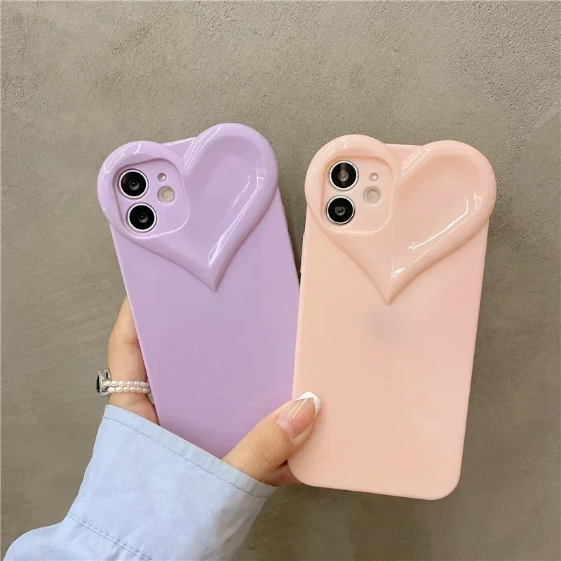 

3D Love Heart Cute Phone Case For iPhone 14 11 12 13 15 Pro Max X XR XS 7 8 Plus Candy Color Solid Soft Silicone Tpu Back Cover