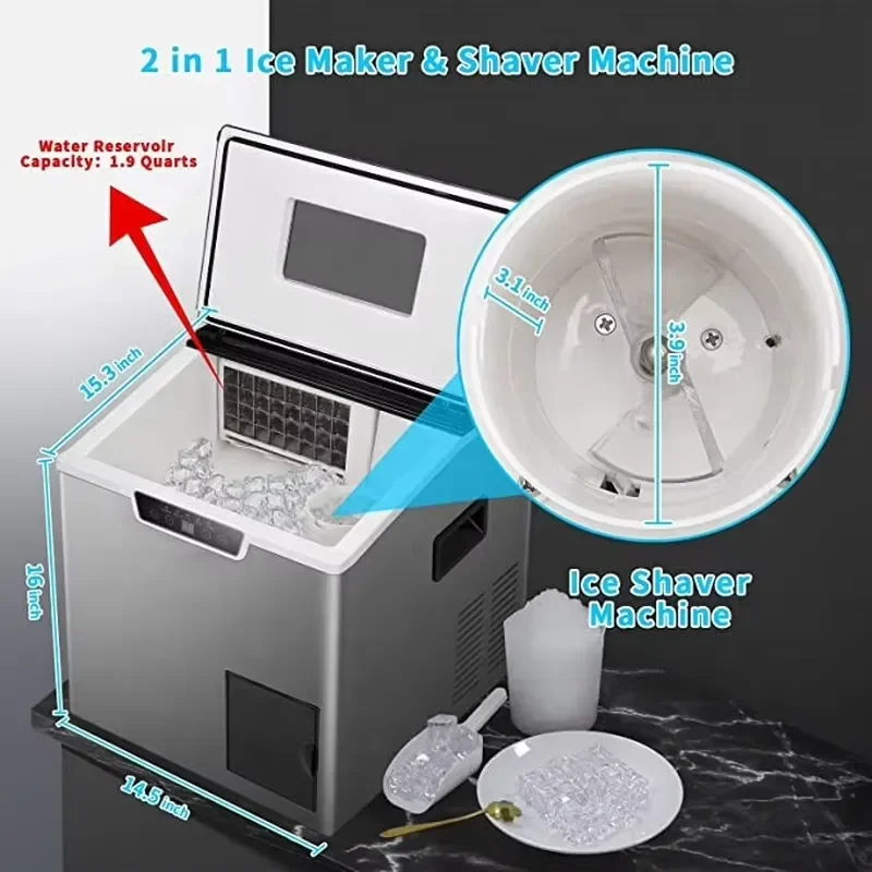 For Stainless Steel Electric Ice Shaver Manual/Auto Filling 20kg Capacity Cube Shaped LED Ice Making Machine Hotel Use