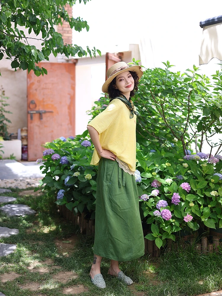 Dopamine Series 451 Green Linen Silk Half Skirt with Belt Texture Sensation Elastic Waist Asymmetrical Casual Style Women's S...