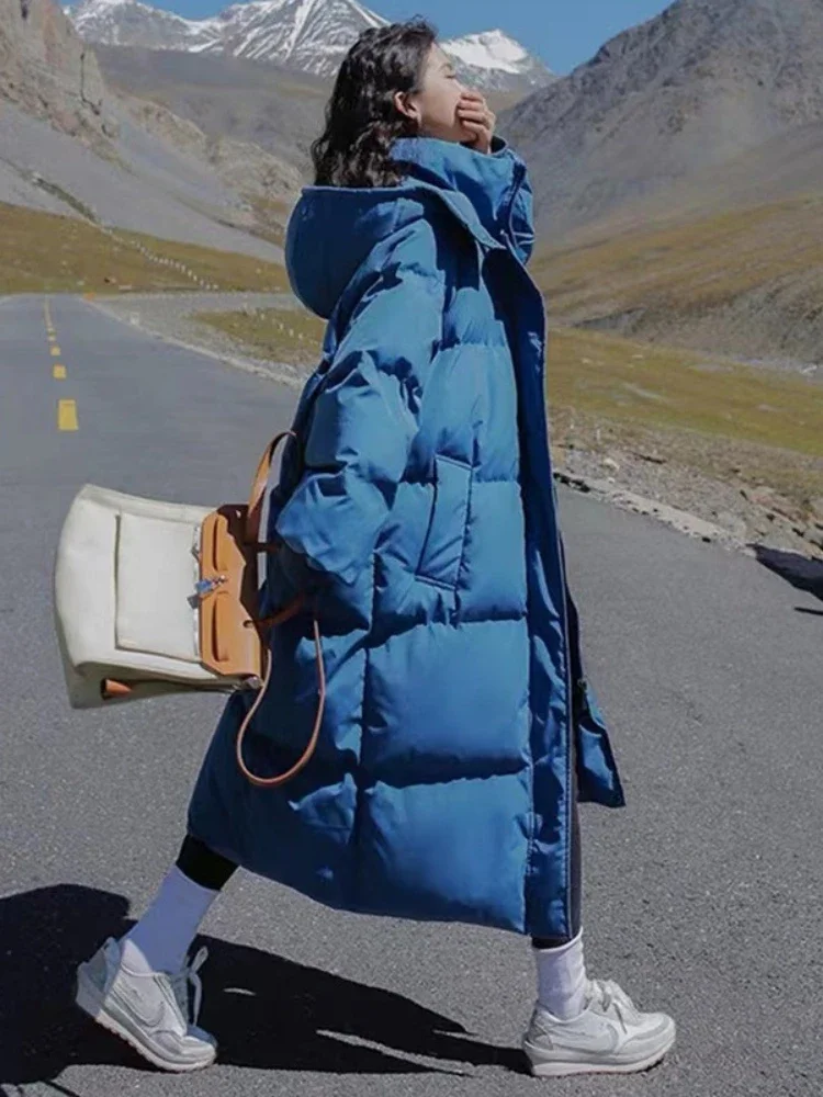 Jaket Wanita Musim Dingin 2025 Gaya Korea Longgar Panjang Selutut Polos Berkerudung Tebal Model Roti Isi Kapas