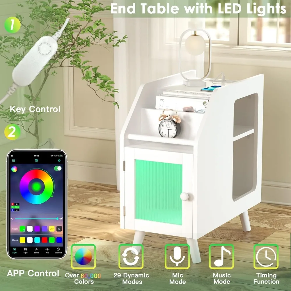 Nightstand with Wireless Charging Station and LED Lights, Side TablewithOpenStorageBedsideNightstand