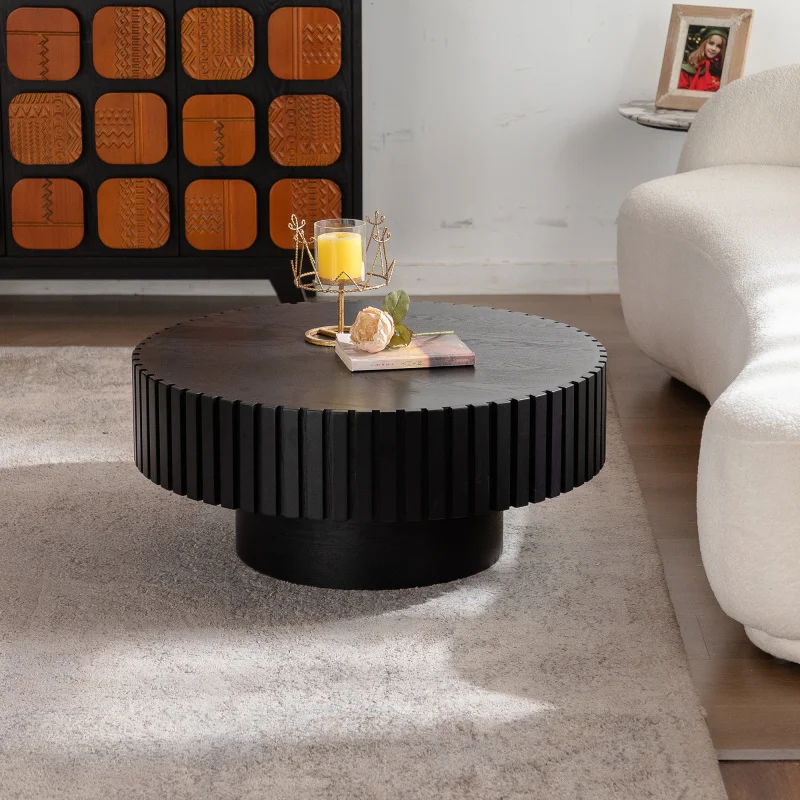 

Hot Sale Modern Black Round Table 3D Vertical Grain Coffee Table Set Black Wood Center Table for Home Furniture