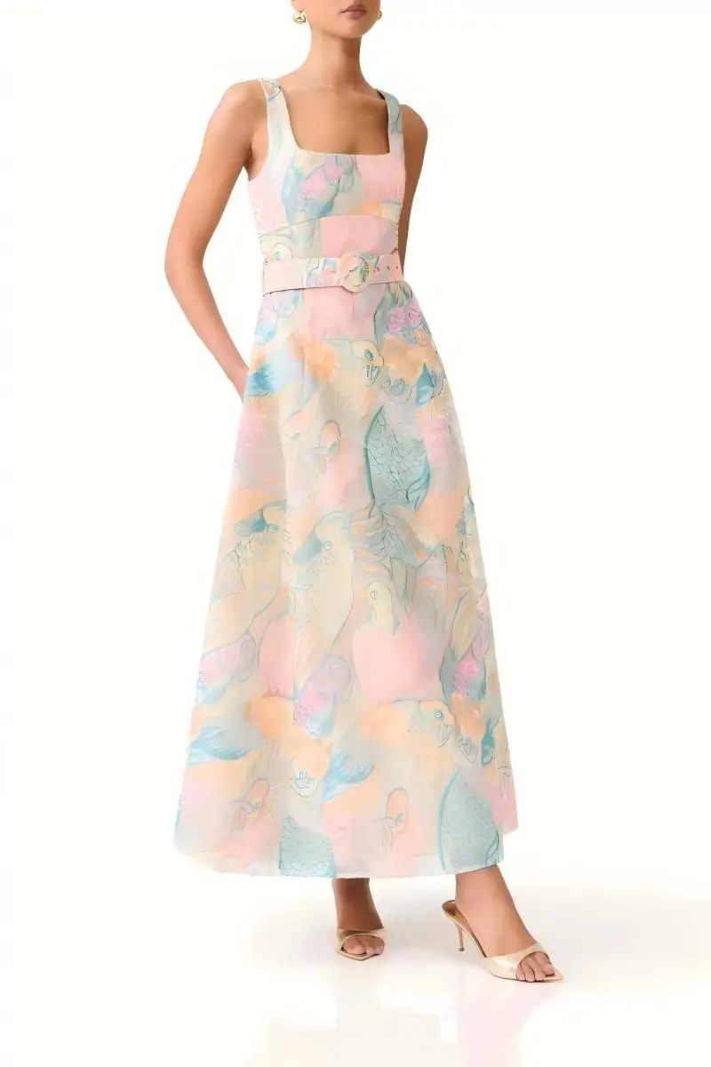 

Sleeveless Square Neck A-Line Midi Dress Colorful Parrot Jacquard Fabric with Matching Belt, Ideal for Casual Holiday