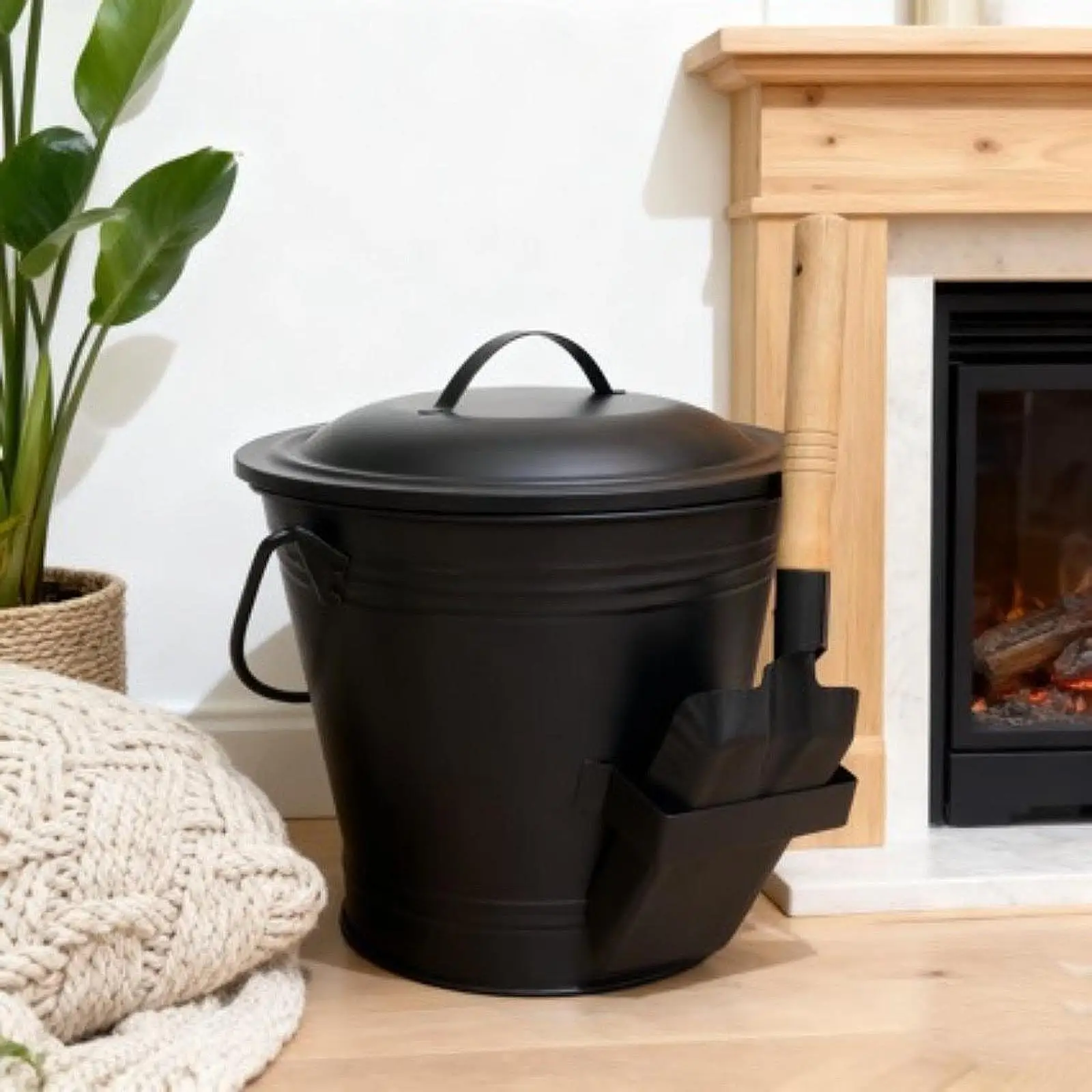 

Multifunctional Iron Ash Bucket Heat Resistant Black Metal Ash Can with Handle and Lid for Fireplaces and Wood Stoves