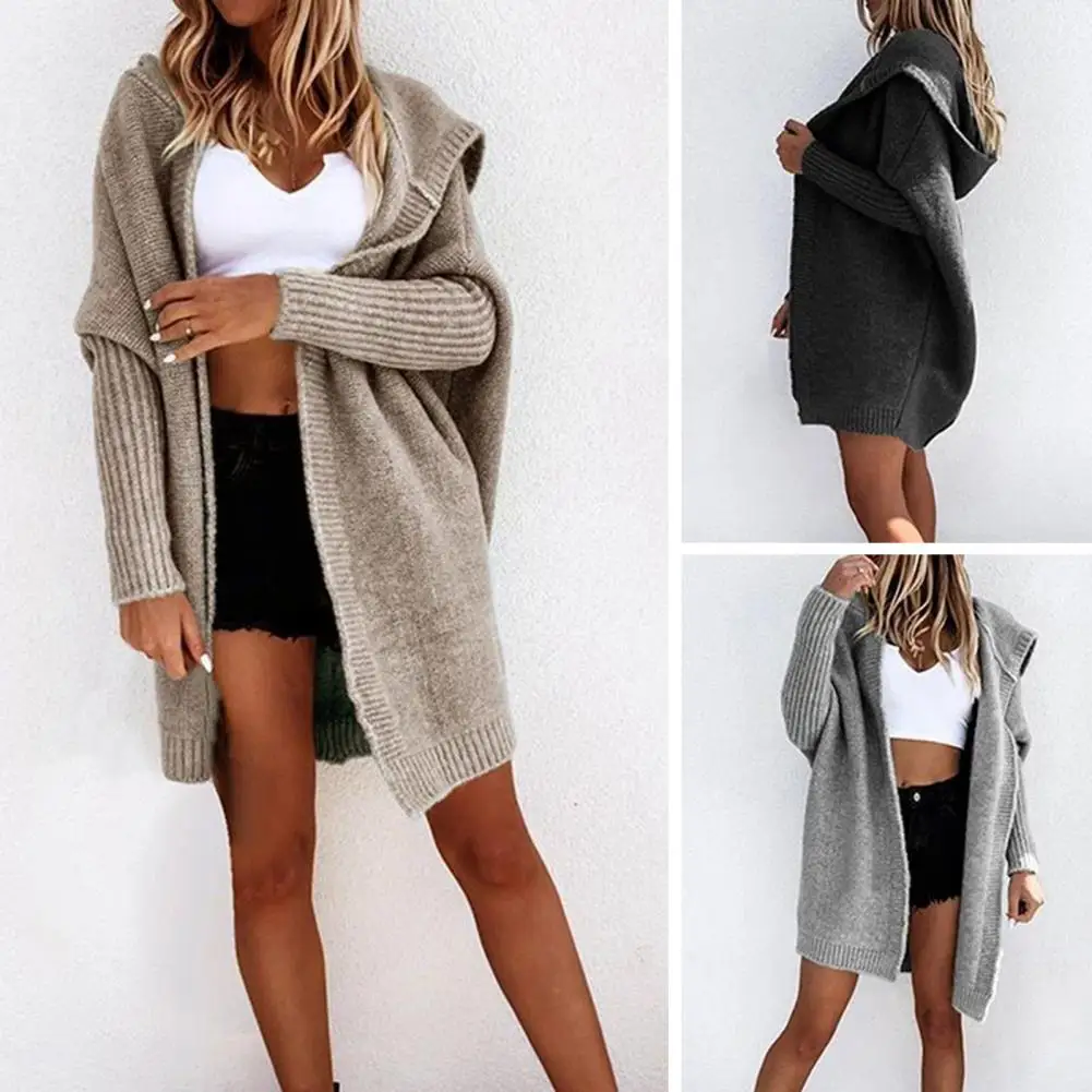 Women Curved Placket Large Sweater Cardigan V-neck Knitted Cardigan Solid Open Stitch Winter Warm Long Sleeve Sweaters