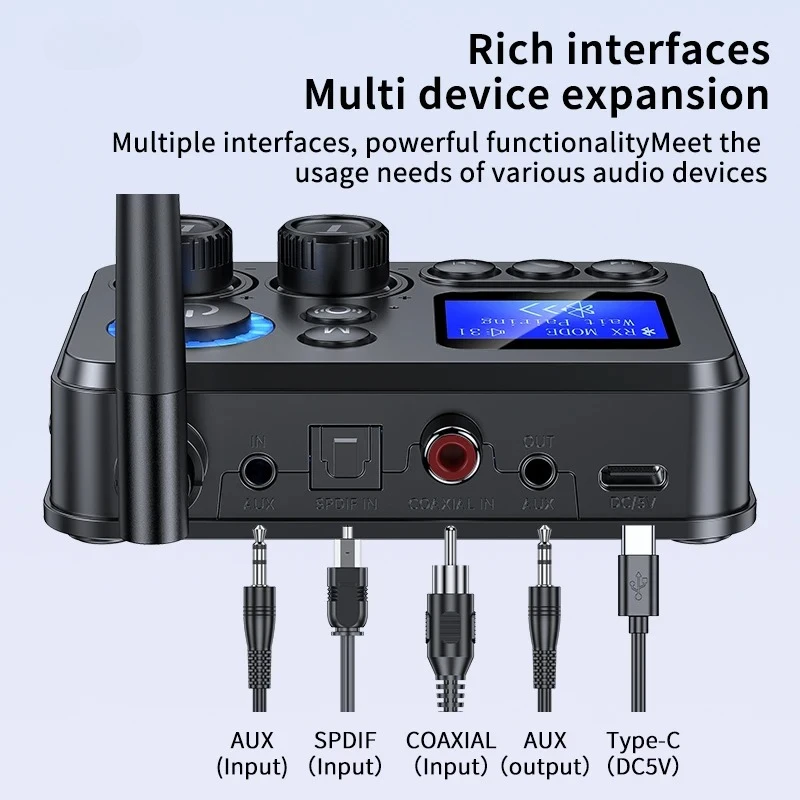 Bluetooth 5.4 Audio Transmitter Receive Support AUX/COAXIAL/SPDIF/TF/U disk with LCD Display for Home Stereo TV Speakers PC