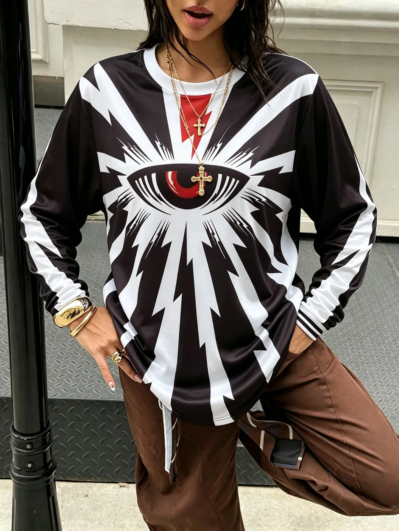 Evil Eye Y2K Long Sleeve Jersey Black White Lightning Men Women Unisex Graphic Tee Plus Size Standard Size Gothic Streetwear Top