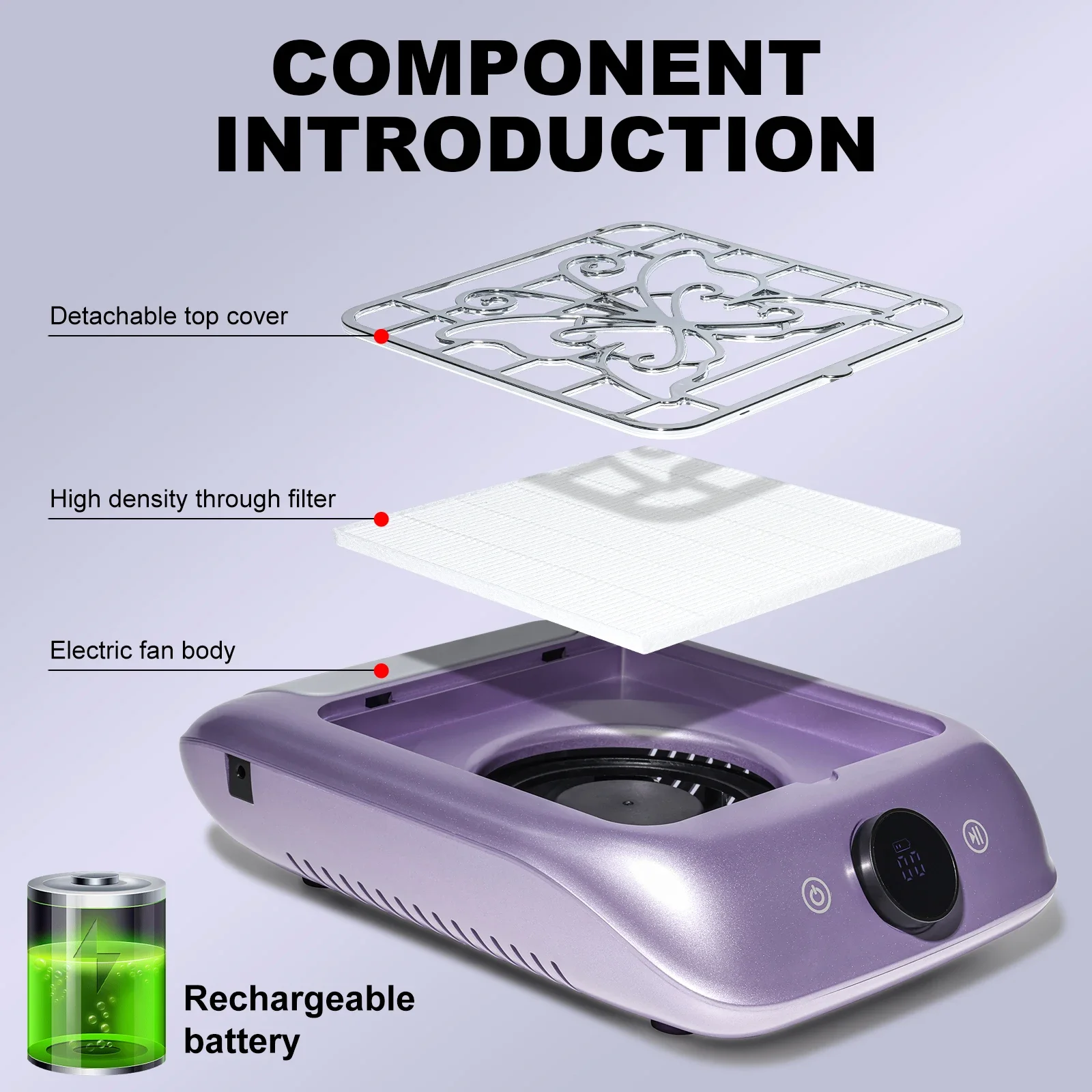 Coletor de pó recarregável sem fio para unhas, com display LED, velocidade ajustável, poderosa ferramenta extratora de poeira para manicure