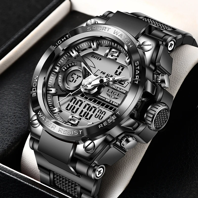 LIGE Men Dive Sports Digital watch Mens Watches Military Army Luxury Steel Business Chronograph Silicone Strap 50ATM Waterproof