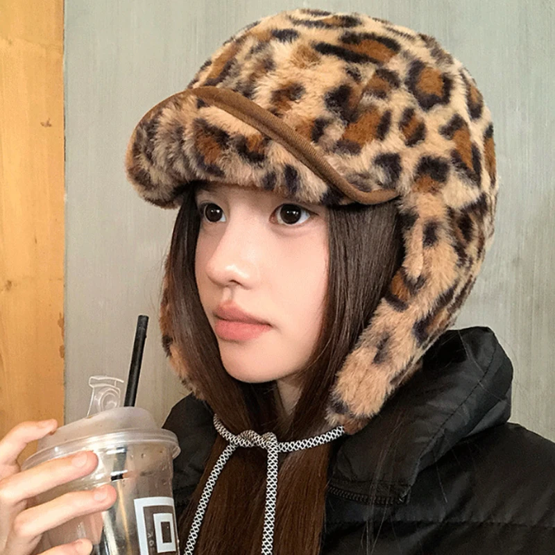 Leopard Print Faux Fur Trapper Hat Women Winter Fluffy Ear Flap Hat Windproof Warm Trooper Hat with Tie