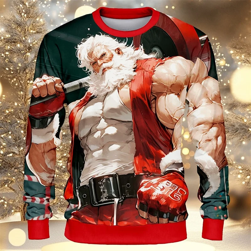 3D Printed Fun Christmas Sweatshirt For Men Music Motorcycle Santa Claus Pattern Pullover Casual Round Neck Long Sleeve Hoodies