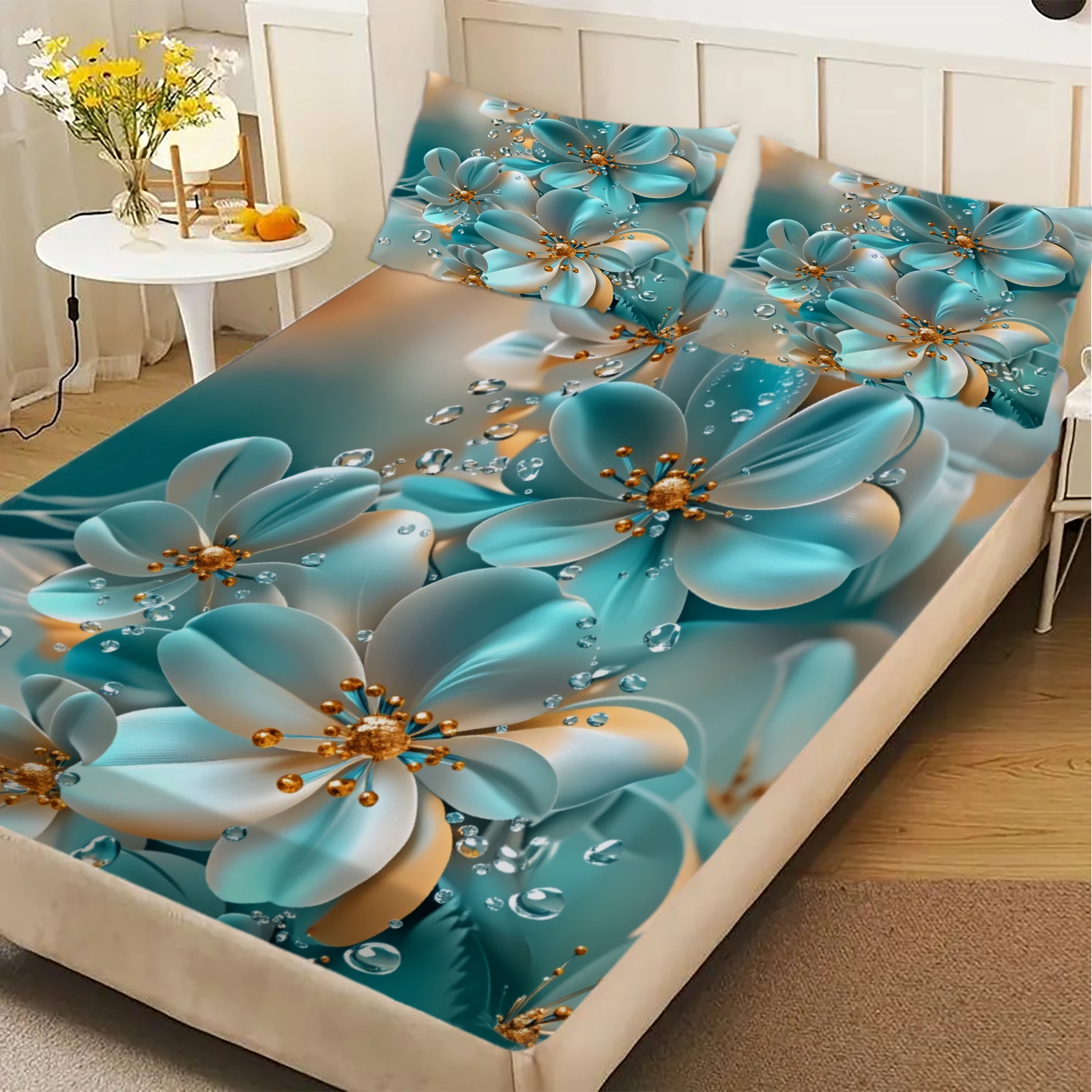 Floral Flat Sheet Sets 3D Printed Droplet Luxury Home Decoration For Girls Adult 3pcs Fitted Sheet With 2Pillowcases