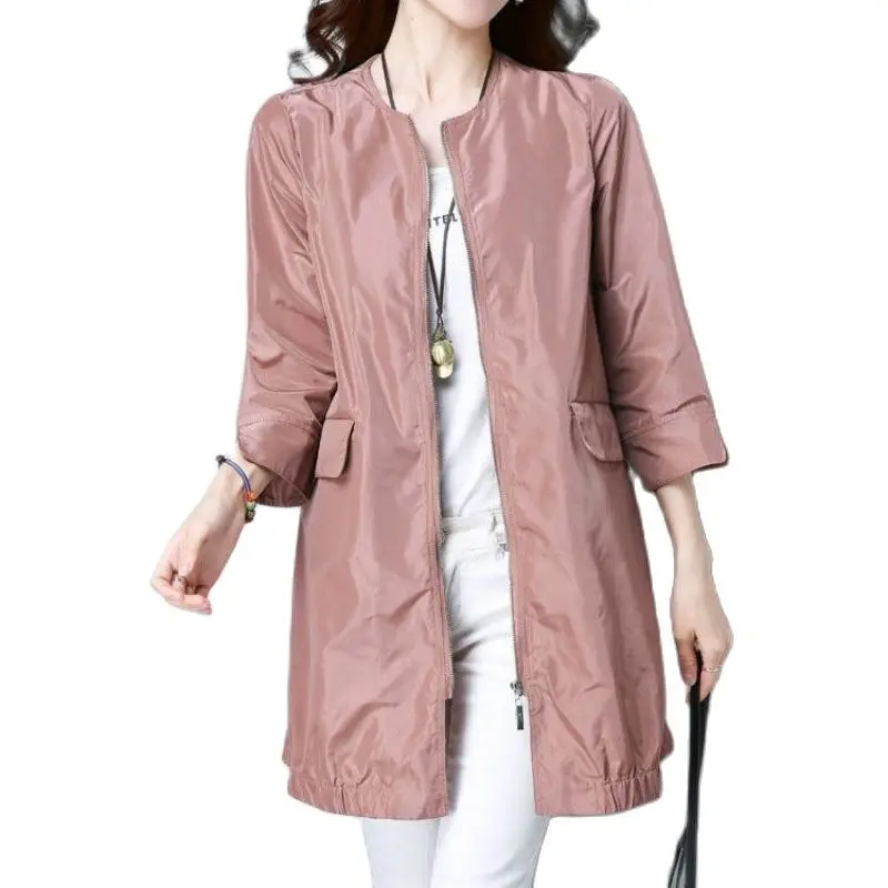 

Korean Style Windbreaker Women Casual Mid-Length Thin Jacket Three-Quarter Sleeves Loose Round Neck Spring Autumn Coat Outerwear