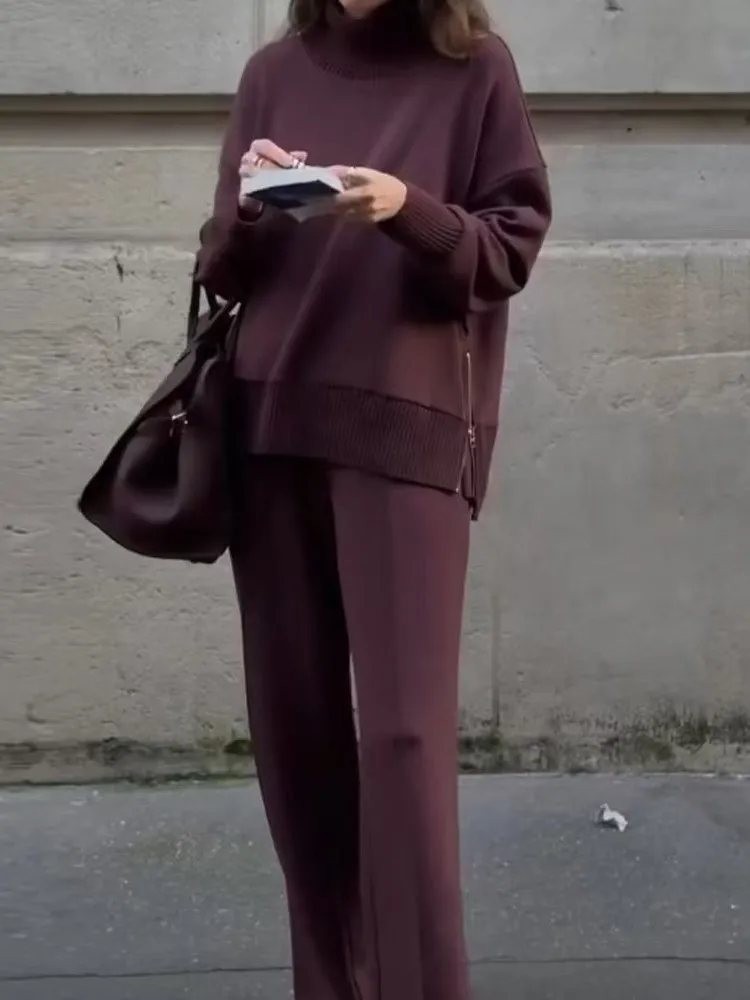 New Autumn Winter Sweatshirt Two Piece Sets Women Casual Simple Solid Long Sleeve Turtleneck Zipper Pullover Wide Legs Pants Set