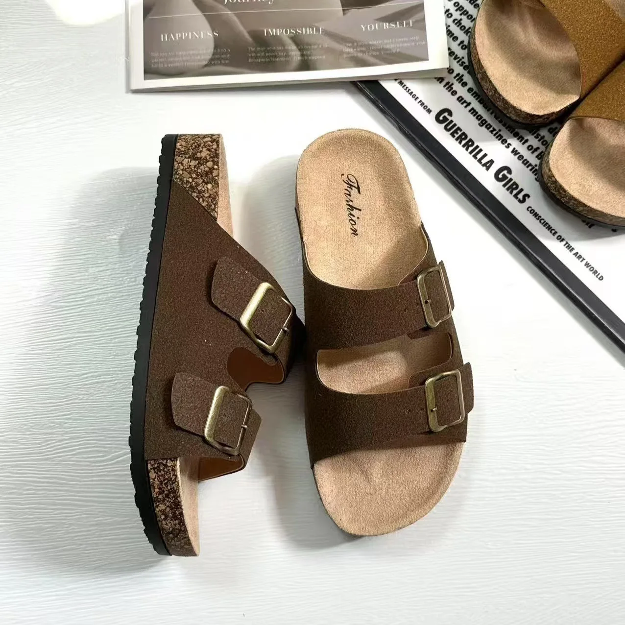 2026 Summer Women Leather Double Strap Sandals Retro Slip On Thick Sole Beach Slides Cork Footbed Platform Shoes Outdoor view 3