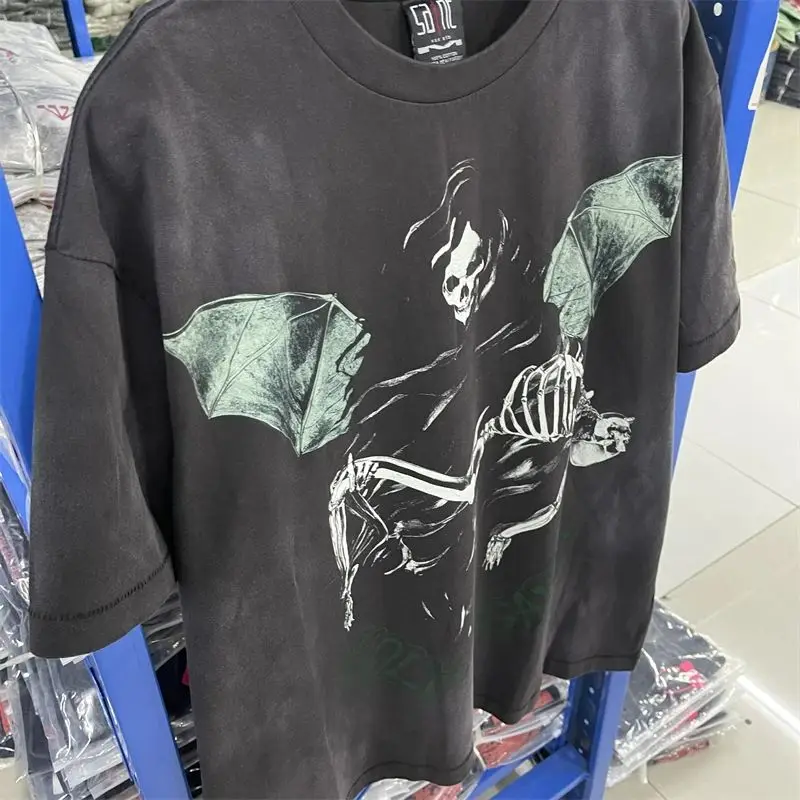 Summer Saint American Style Man Vintage T-shirt Short Sleeve Saint Evil Skeleton Bat Print High Quality Oversize Clothing Top