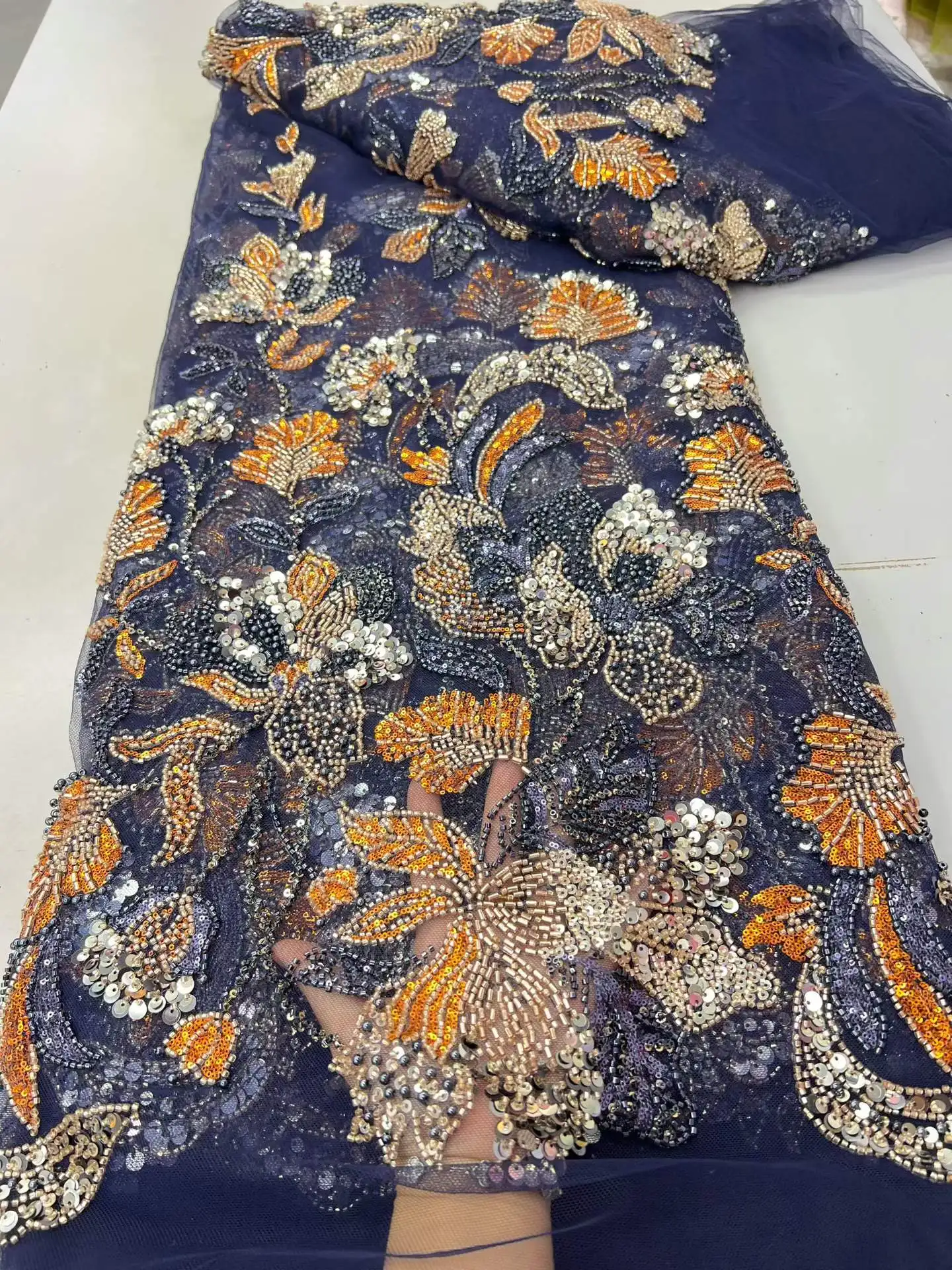 

African Groom Lace Fabric French Nigerian Sequins Lace Bridal High Quality Beads Tulle Lace Fabric For Party Dress Sewing Women
