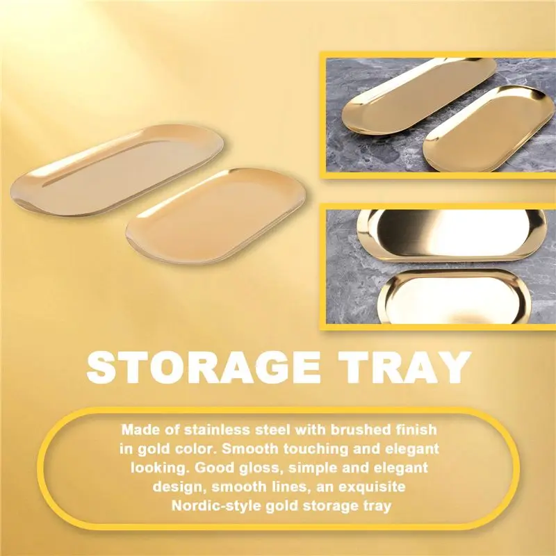 AEE4-2 Sets Gold Oval Stainless Steel Trinket Tray,Towel Storage Dish Plate Tea Fruit Trays Cosmetics Jewelry Plate