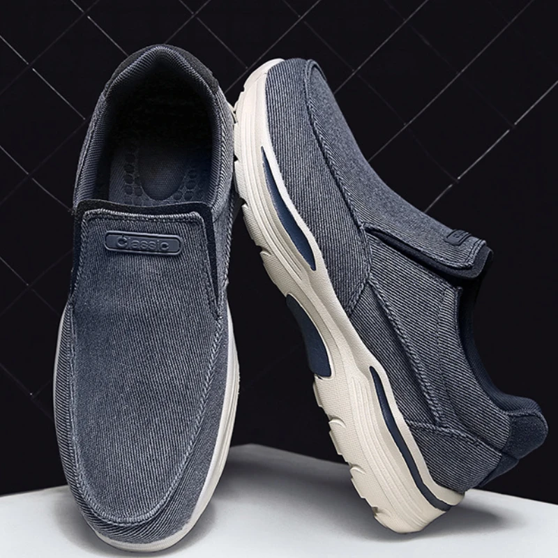 Comfortable Men's Vulcanize Shoes Blue Denim Loafers Breathable Canvas Slip-On Walking Shoes for Father's Daily Wear Big Size 48