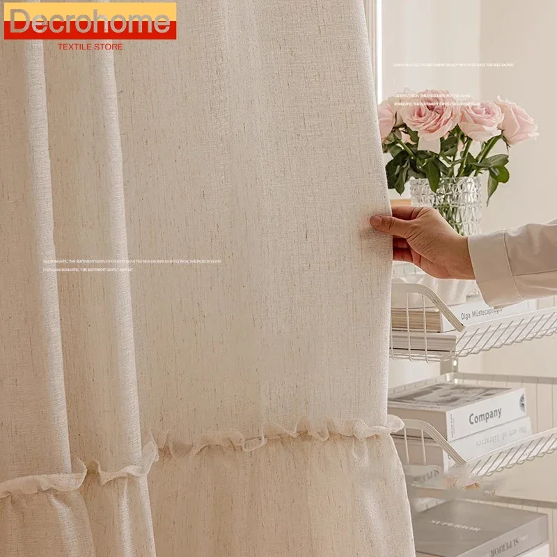 

Gauze Curtain Linen Window Screen Japanese Retro Ruffle Curtains for Living Room Bedroom Balcony Bay Window Customization