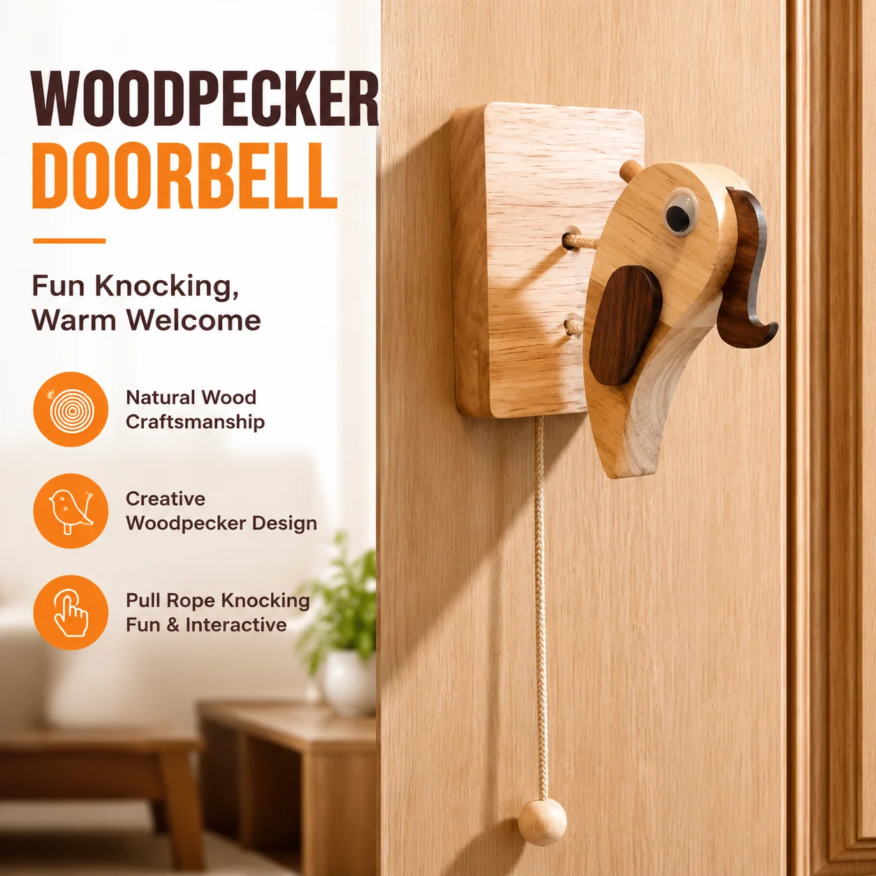 Woodpecker Doorbell Creative Door Knocker Pendant Pull Rope Toy Funny Bird Decor for Home Homestay
