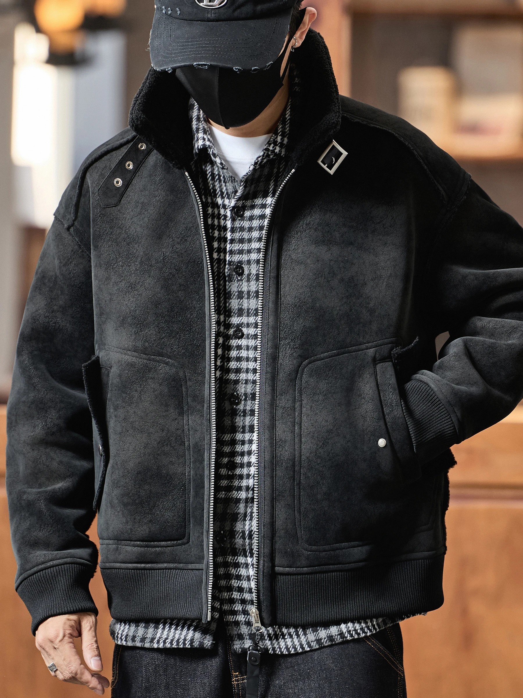 

Кожаный дэт с воротником-стойкой в американском стиле ретро, мужская повседневная свободная посадка, зимняя теплая брендовая верхняя одежда, пальто