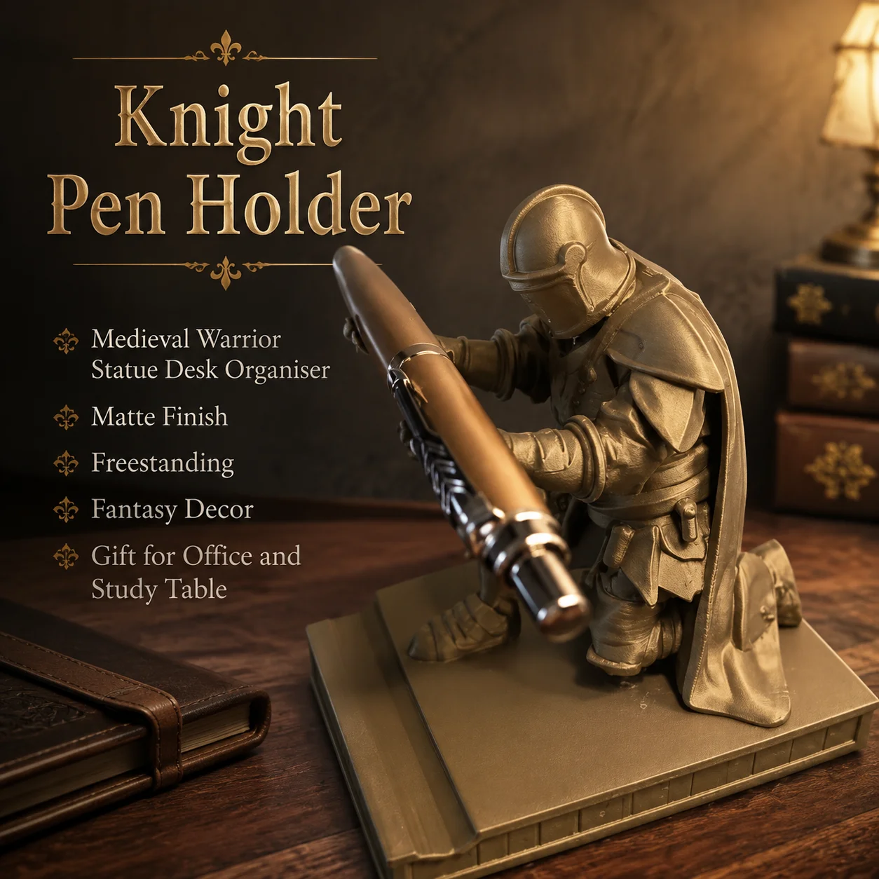 3D Printed Executive Knight Pen Stand Office Supplies Pen Holder Kneeling Knight in Armor Creative Design for Home Office Decor