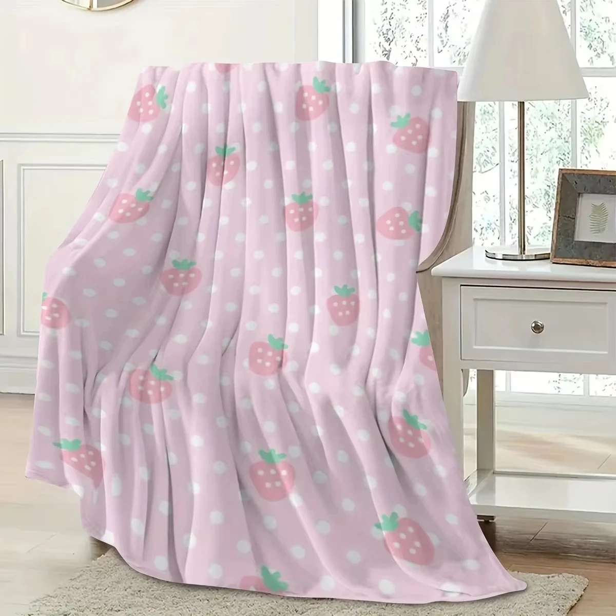 Pink Strawberry Dot Flannel Blanket in Soft Fabric with Single Side 2DPrint for to Bring Sweet Warm Home Relax Cozy Comfort Vibe