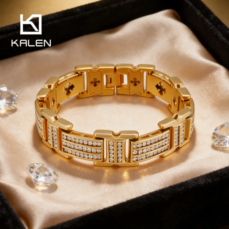 

KALEN 17mm Hip Rock Zircon Biker Bracelet Men‘s Gold Color Stainless Steel Cool Party Jewelry Status Symbol Accessories Gifts
