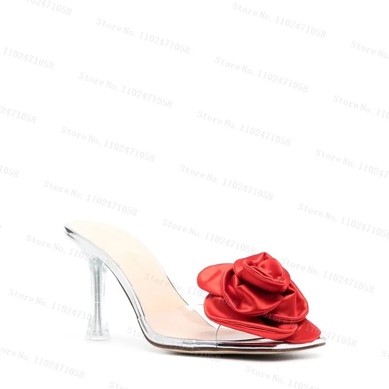 Red Rose Flowers Transparent PVC Slipper for Women, Round Toe Thin Heels, Summer Sandals, Ladies Party Dress, High Heels