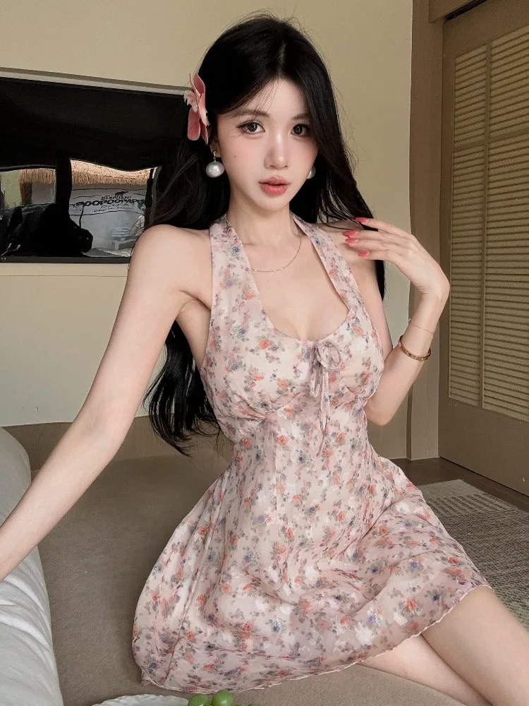 

Summer Floral Lace Halter Neck Dress Women's Pure Desirable Sexy Waist Cinched A-Line Skirt Beautiful Short Dress
