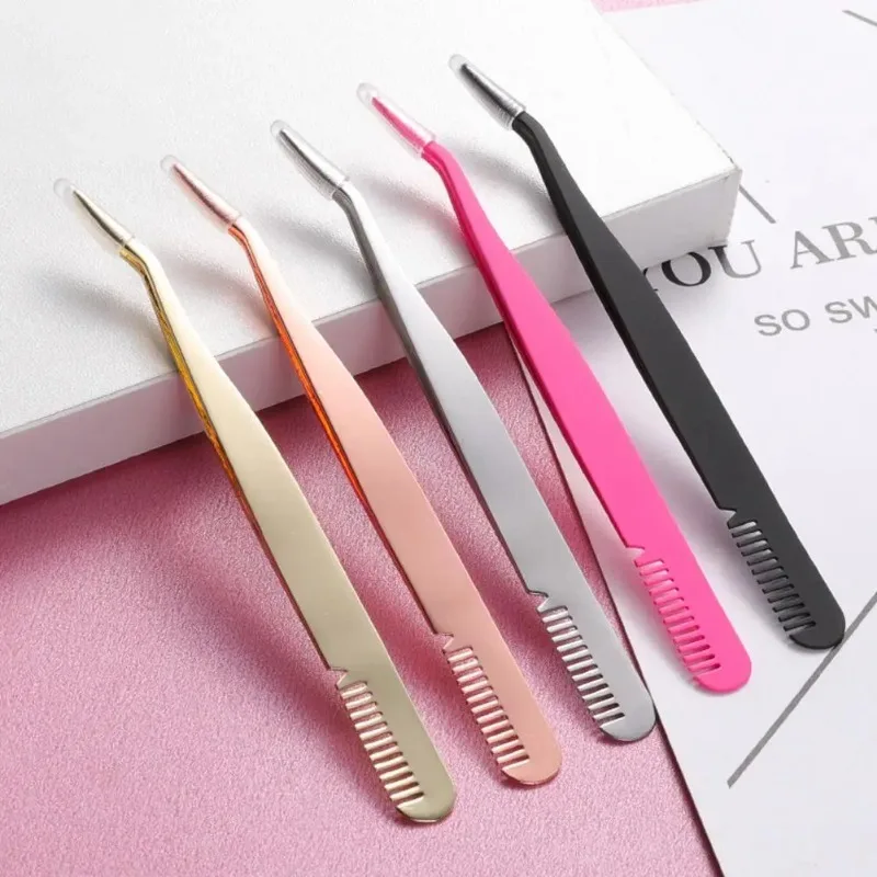 Eyelash Tweezers Stainless Steel Eyelash Extension Tweezer with Comb False Lash Application Tool for Girls Women Beginner Makeup