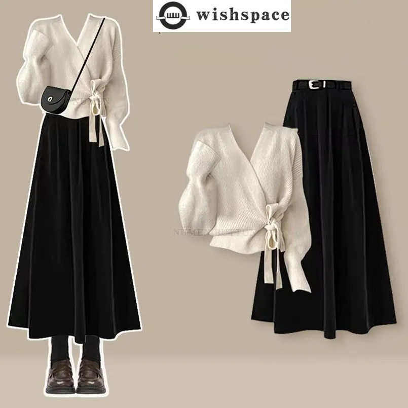 

Весенне-осенний темпераментный комплект, женский вязаный свитер во французском нежном стиле + юбка-трапеция, комплект из двух предметов