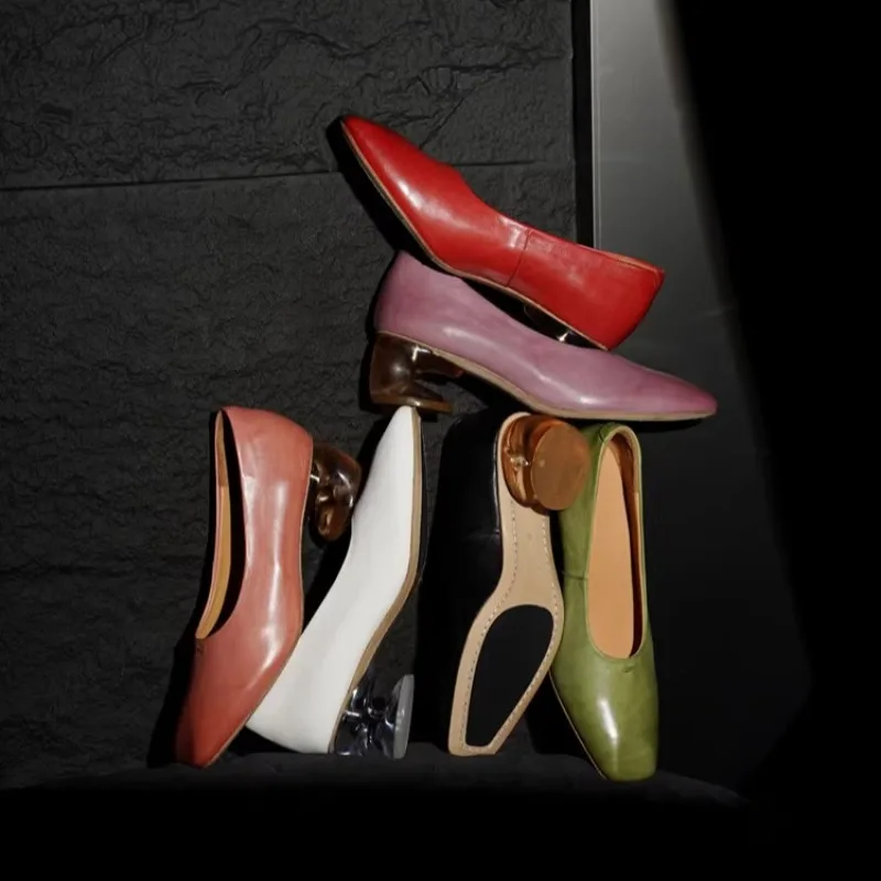

Luxury Fashion Genuine Leather Shaped Heel Retro Leather Shoes Women Square Toe Shallow Mouth Slip on Loafers Female High Heels
