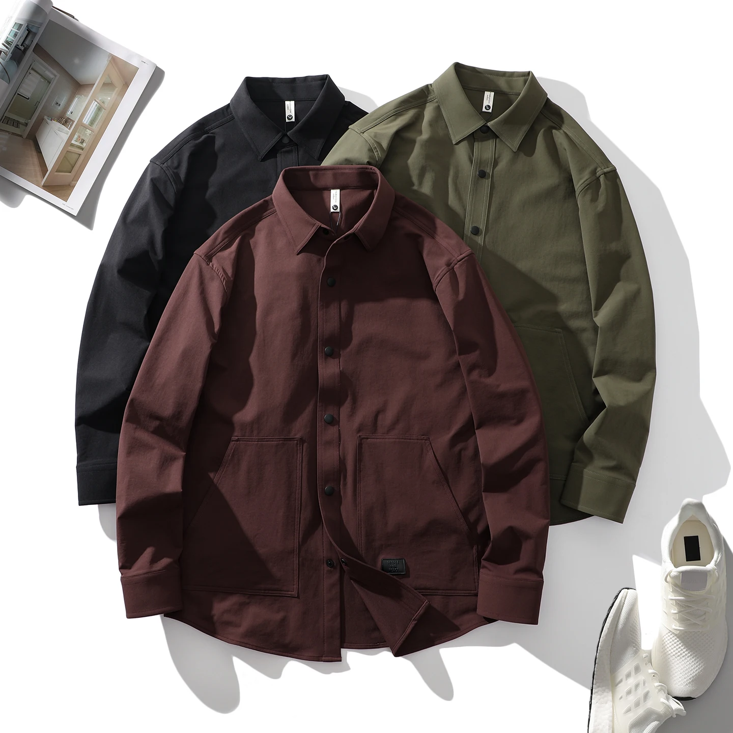 

Trade King Men's Long Sve irt Jaet Heavyweight Twill Fabric Small Leather Tag Design Casual Sle Breathable Nylon