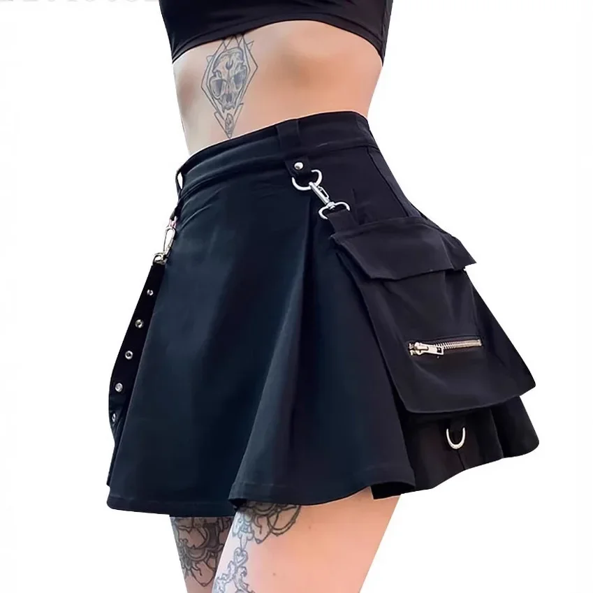 

High Waist Pleated Skirt Techwear Punk Style Asymmetric Hem Utility Military Cargo Skirt Streetwear A-Line Mini Skirt