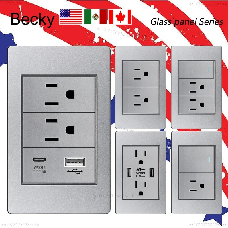 

118 Rectangular PC Panel Wall Light Switch US Standard Wall Light Switch Socket 2USB Type C Wall Power Socket Gray Light Switch