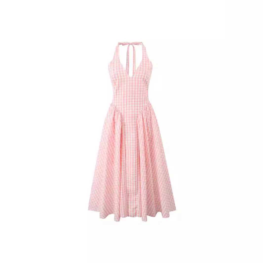 Women's ZR Spot New Pink Checkered Neck Hanging Long Dress