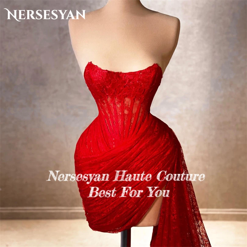 Nersesyan Red Lace Appliques Formal Prom Gowns Tulle Sleeveless Pleated Mini Evening Dresses Sexy Cocktail Vestidos De Fiesta