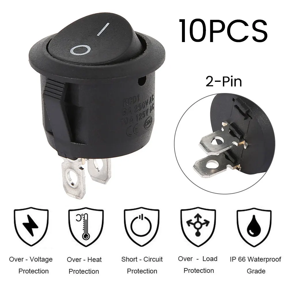 10/20Pcs ON/OFF Round Rocker Dot Switch Black Illuminated Car Dashboard Dash Boat Rocker 2Pin Toggle Switches Car Accessories